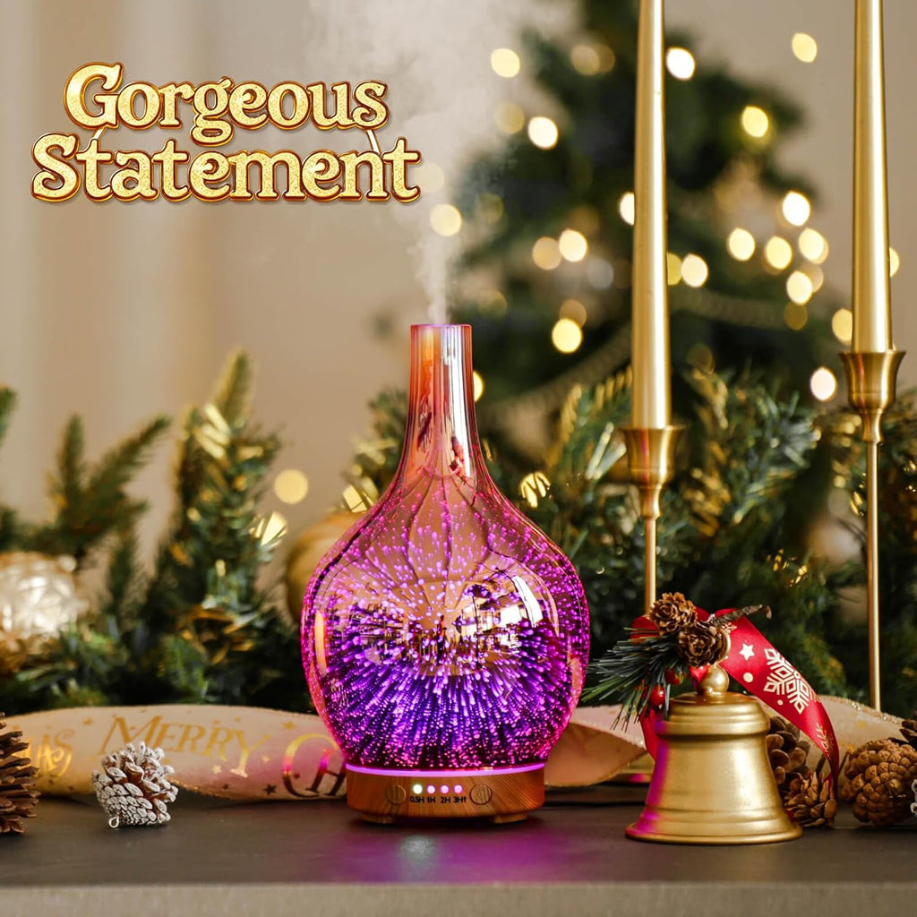 Rose Gold Essential Oil Diffuser 3D Glass Aromatherapy Ultrasonic Humidifier, Waterless Auto-Off, Timer Setting, BPA Free, Air Refresh for Home Hotel Yoga Leisure SPA Gift 150Ml