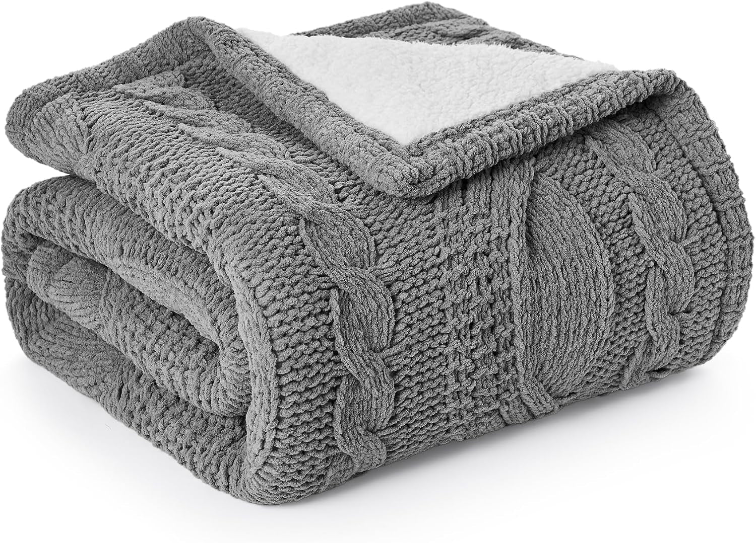 Cable Knit Throw Blanket for Couch, Chenille Sherpa Soft Cozy Throw Blankets for Sofa Chair Comfortable Home, 50"X60", Gray