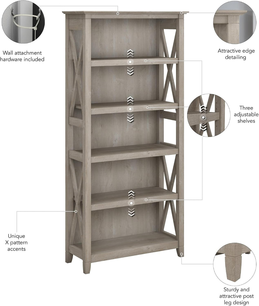 Tall 5 Shelf Bookcase for Living Room or Home Office, Large Bookshelf, Modern Farmhouse Style, Key West Collection, Washed Gray