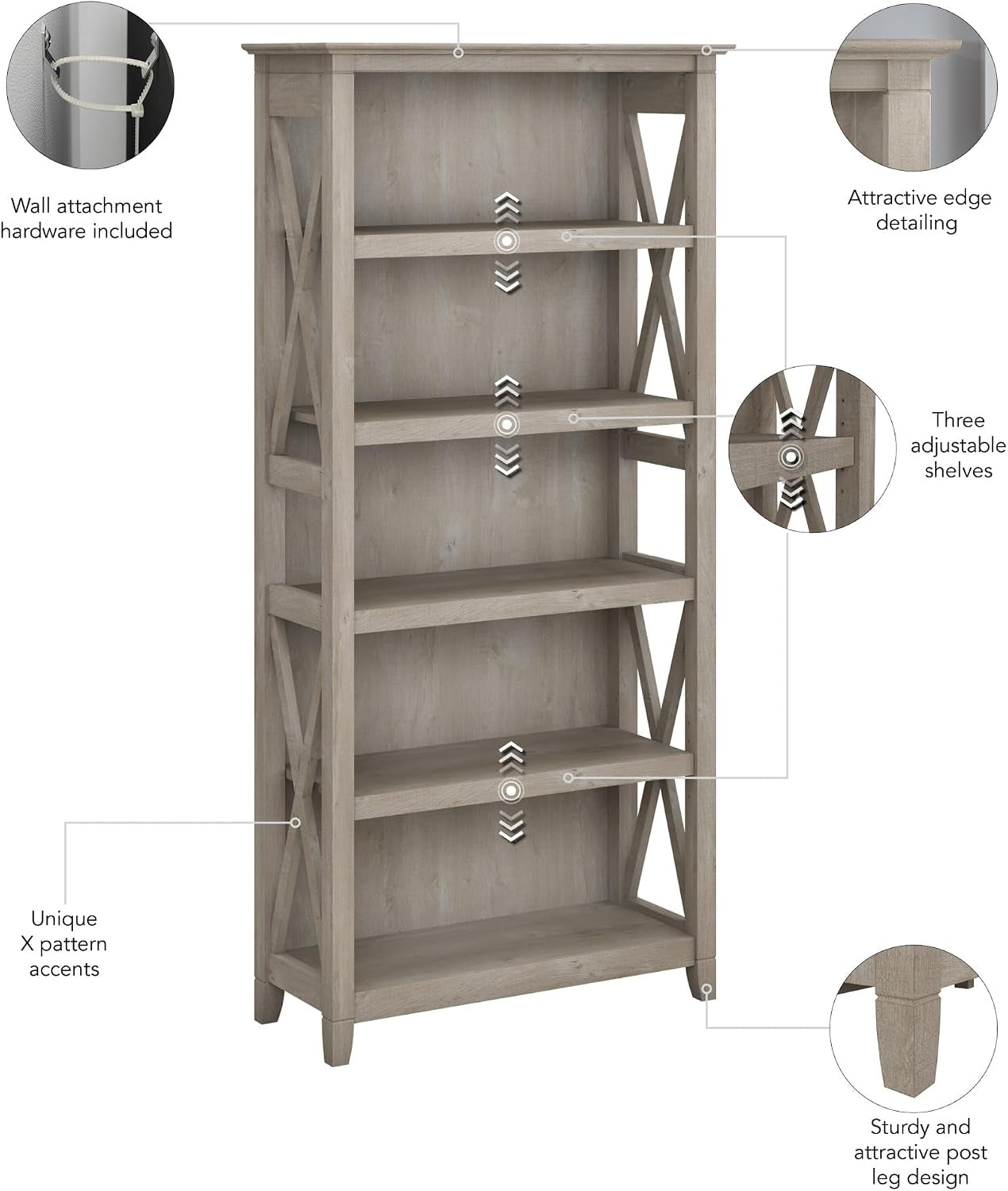 Tall 5 Shelf Bookcase for Living Room or Home Office, Large Bookshelf, Modern Farmhouse Style, Key West Collection, Washed Gray