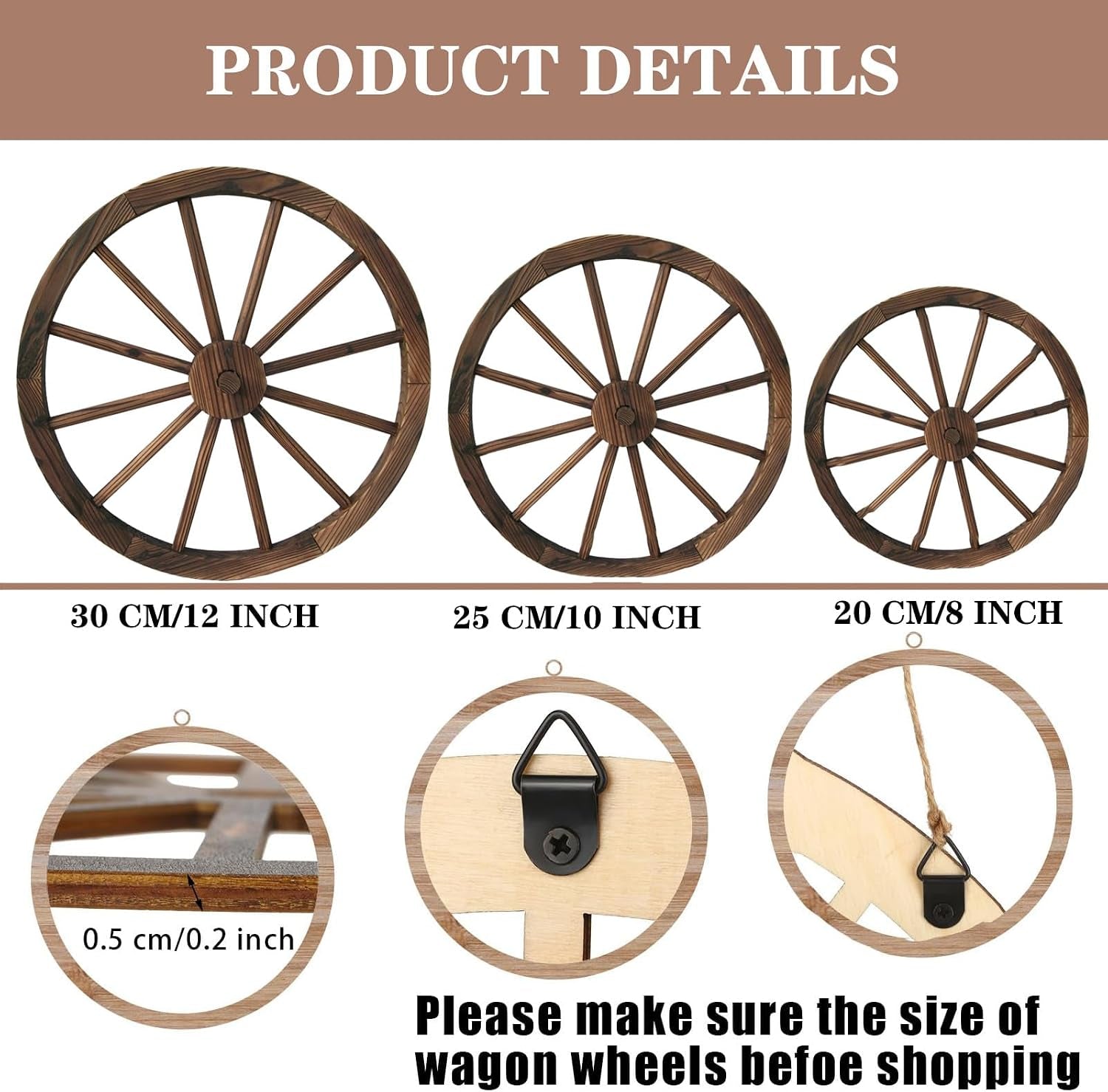 3 Pcs Wooden Wagon Wheel Wall Decor 12/10/8 Inch Western Decor, Rustic Wagon Wheels Rustic Yard Hanging,Western Room Decor for Garden Home Bar Garage