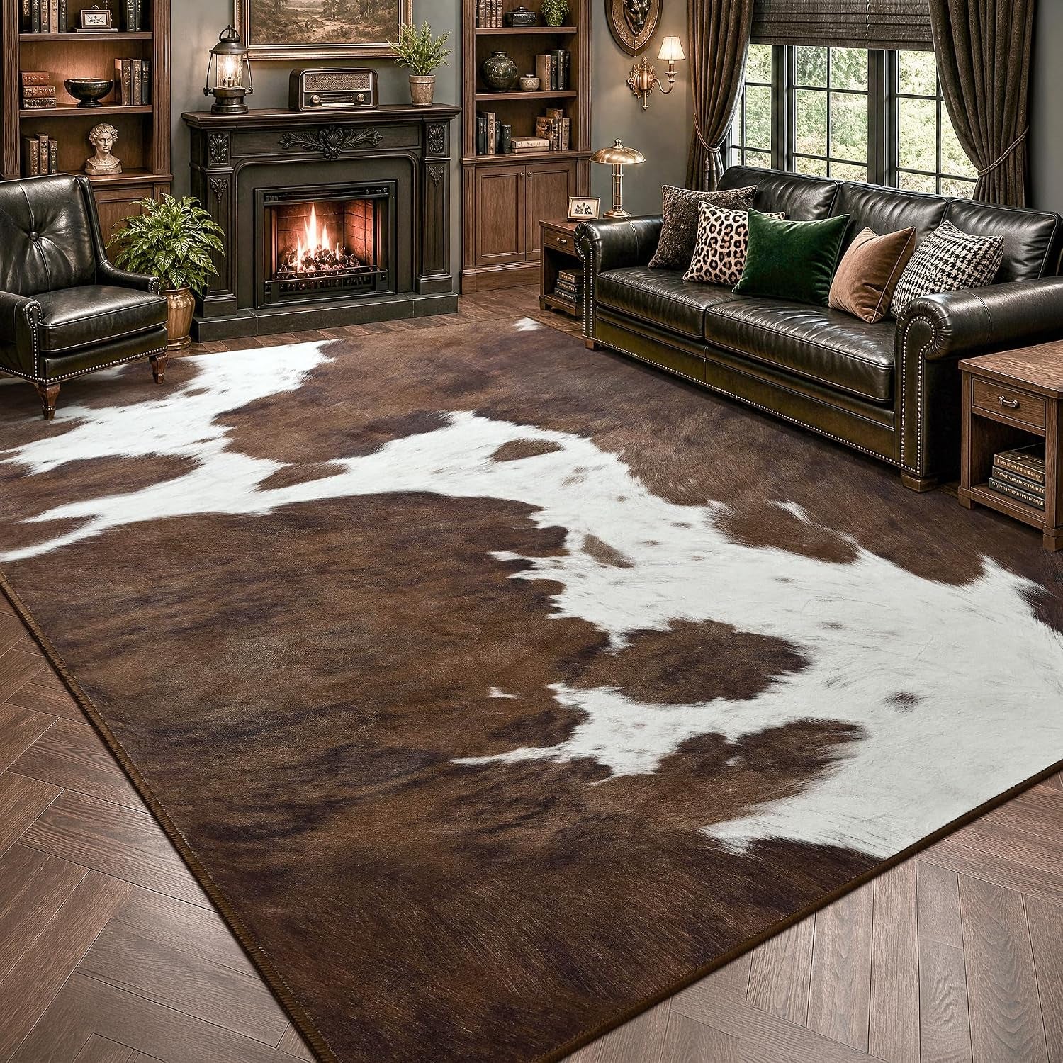 Cow Print Rugs for Living Room Bedroom, 5X7 Washable Non-Slip Low Pile Indoor Floor Rug, Carpet for Dining Room Kitchen Office Western Home Decor, Brown