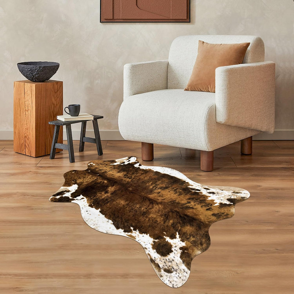 Small Faux Cowhide Rug Cow Carpet Western Home Decor Cow Print Area Rug for Bedroom, Living Room, Kids Room, Table, Office, Brown, Mat, 3.6X2.46 Feet(75X110Cm)