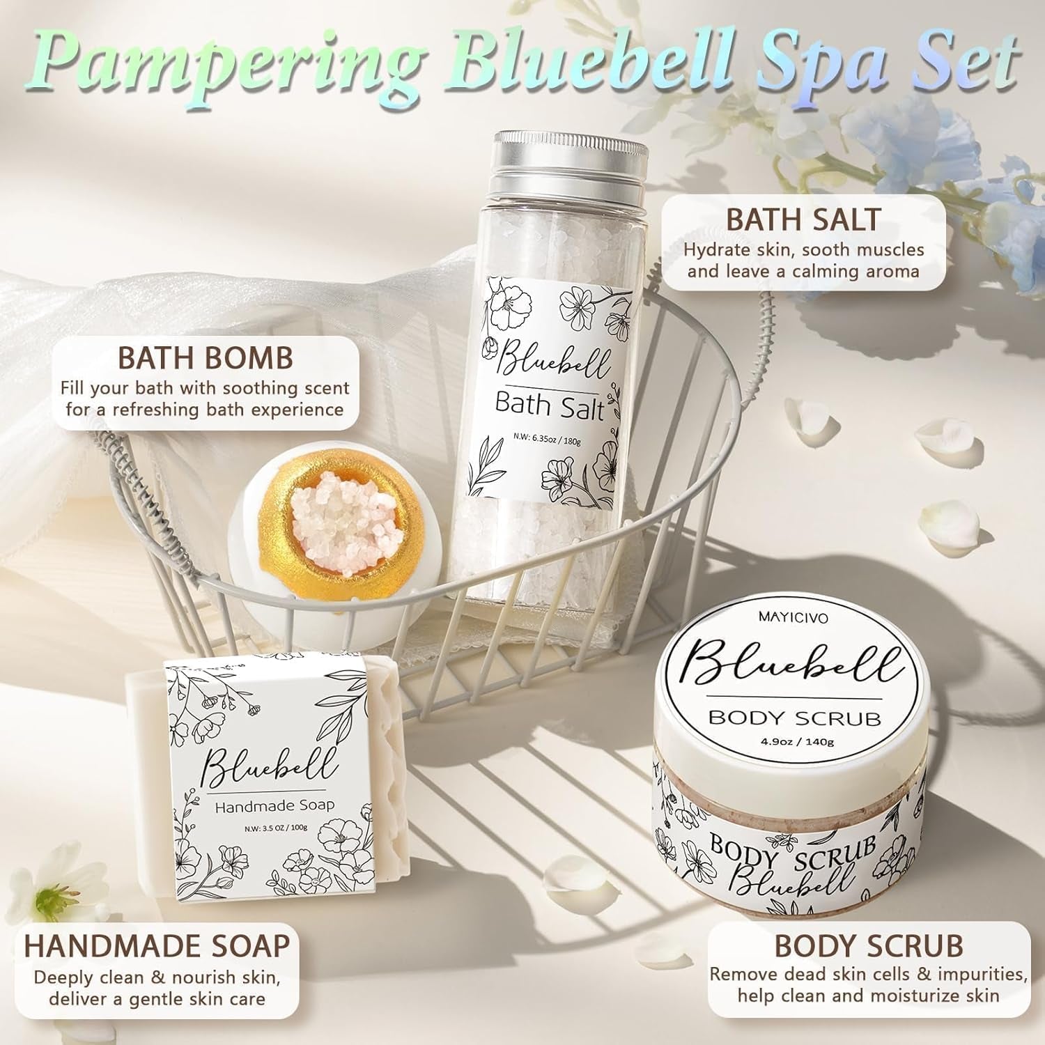 Spa Gifts for Women Bath Gift Set, Bluebell Spa Gift Baskets Home Bath Set Self Care Kit Care Package Thank You Birthday Mothers Day Easter Gifts for Women Her Mom Best Friends Sister Teen Girl Wife