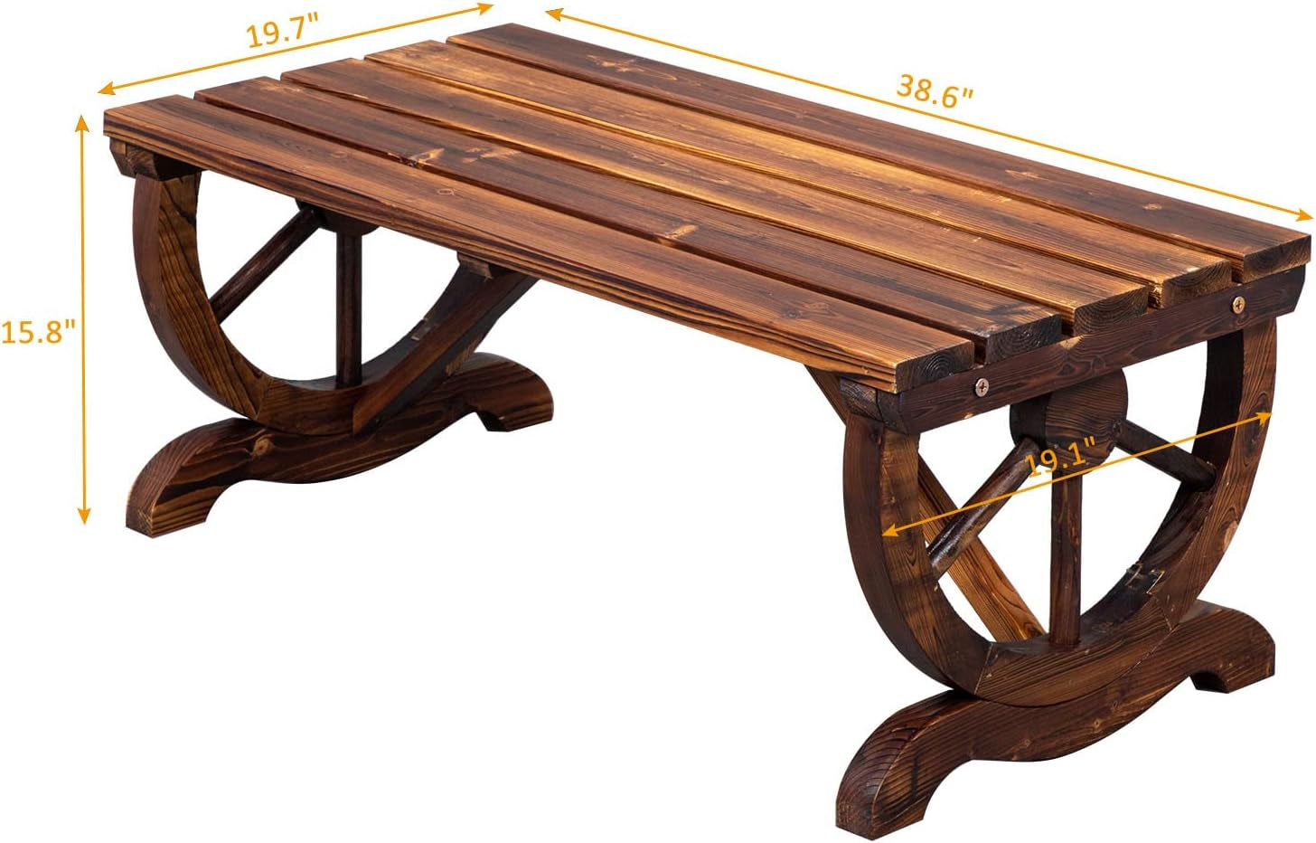 Wooden Garden Bench, Outdoor Rustic Wagon Wheel Bench with Carbonized Finish & Fir Construction for Garden Porch Backyard Patio Park, Seats 2 Person Brown