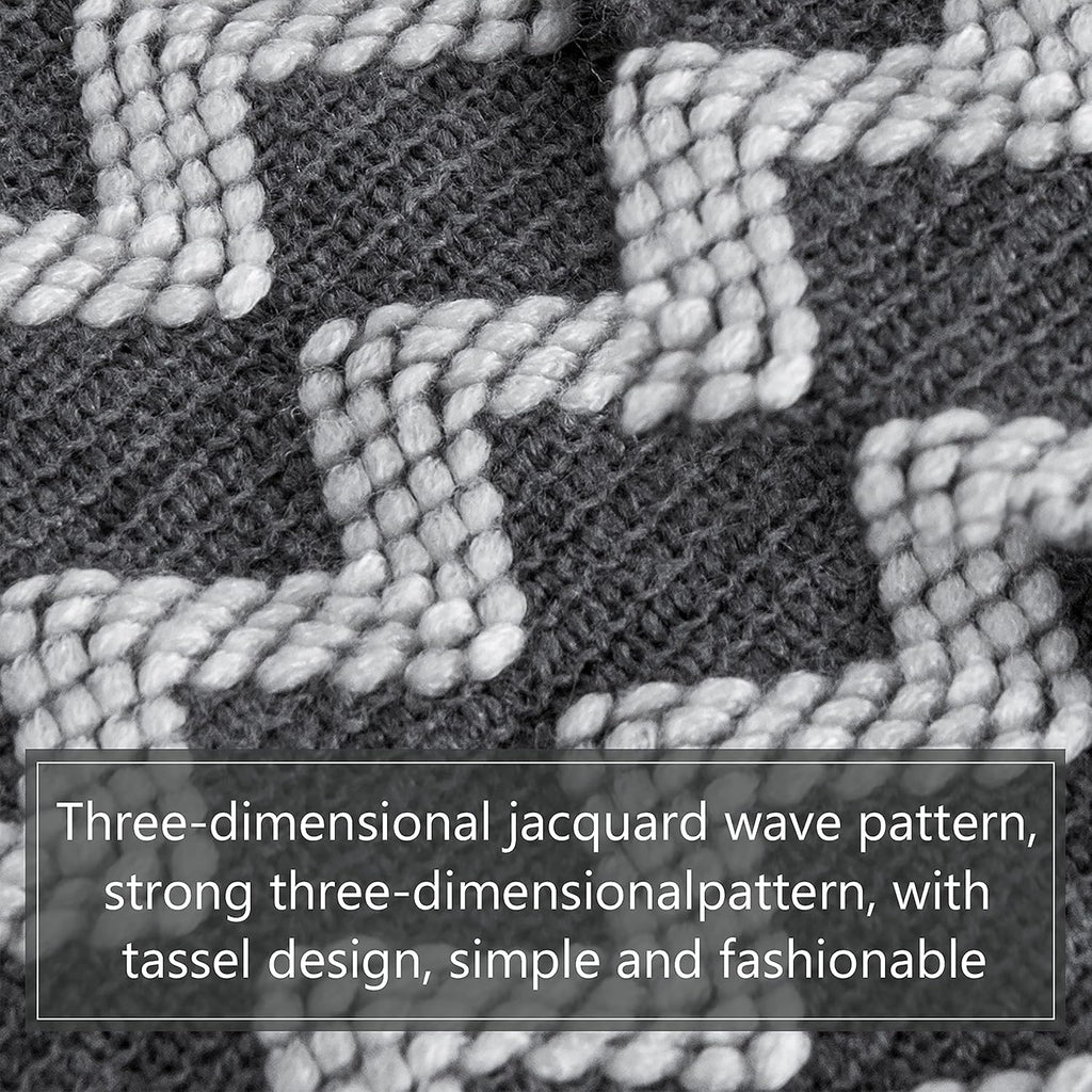 Acrylic Knitted Throw Blanket, Lightweight and Soft Cozy Decorative Woven Blanket with Tassels for Travel, Couch, Bed, Sofa, 51X67 Inches, Grey Wave