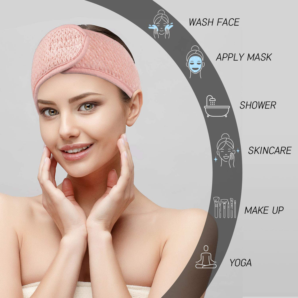 4 Pack Spa Facial Headband, Pea Green, Pink, Beige, Light Gray | Makeup Hair Wrap, Adjustable Hair Band, Soft Towel Head Band, for Face Washing, Shower Sports Yoga