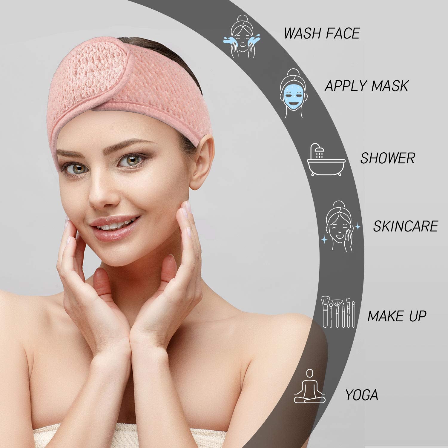 4 Pack Spa Facial Headband, Pea Green, Pink, Beige, Light Gray | Makeup Hair Wrap, Adjustable Hair Band, Soft Towel Head Band, for Face Washing, Shower Sports Yoga