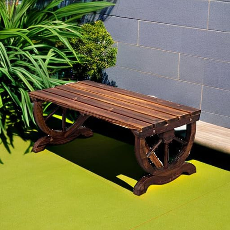 Wooden Garden Bench, Outdoor Rustic Wagon Wheel Bench with Carbonized Finish & Fir Construction for Garden Porch Backyard Patio Park, Seats 2 Person Brown