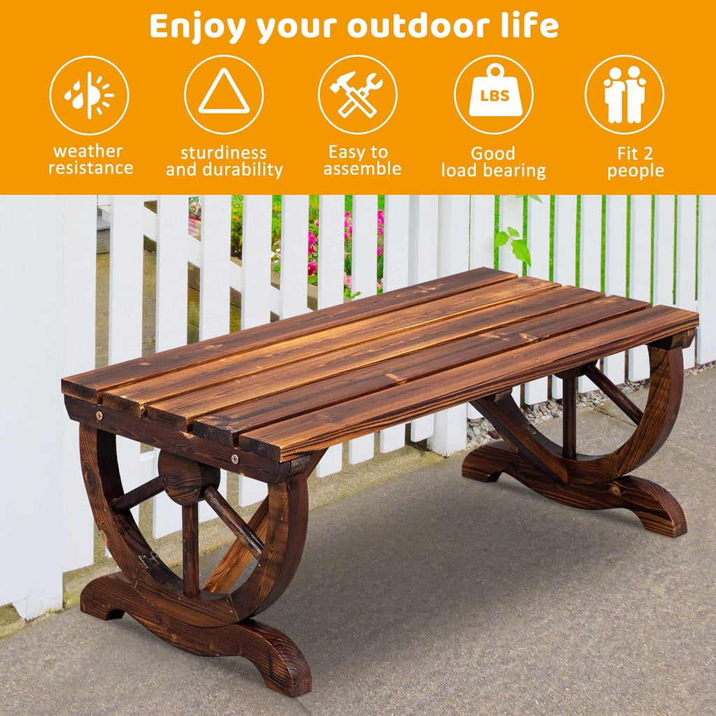 Wooden Garden Bench, Outdoor Rustic Wagon Wheel Bench with Carbonized Finish & Fir Construction for Garden Porch Backyard Patio Park, Seats 2 Person Brown