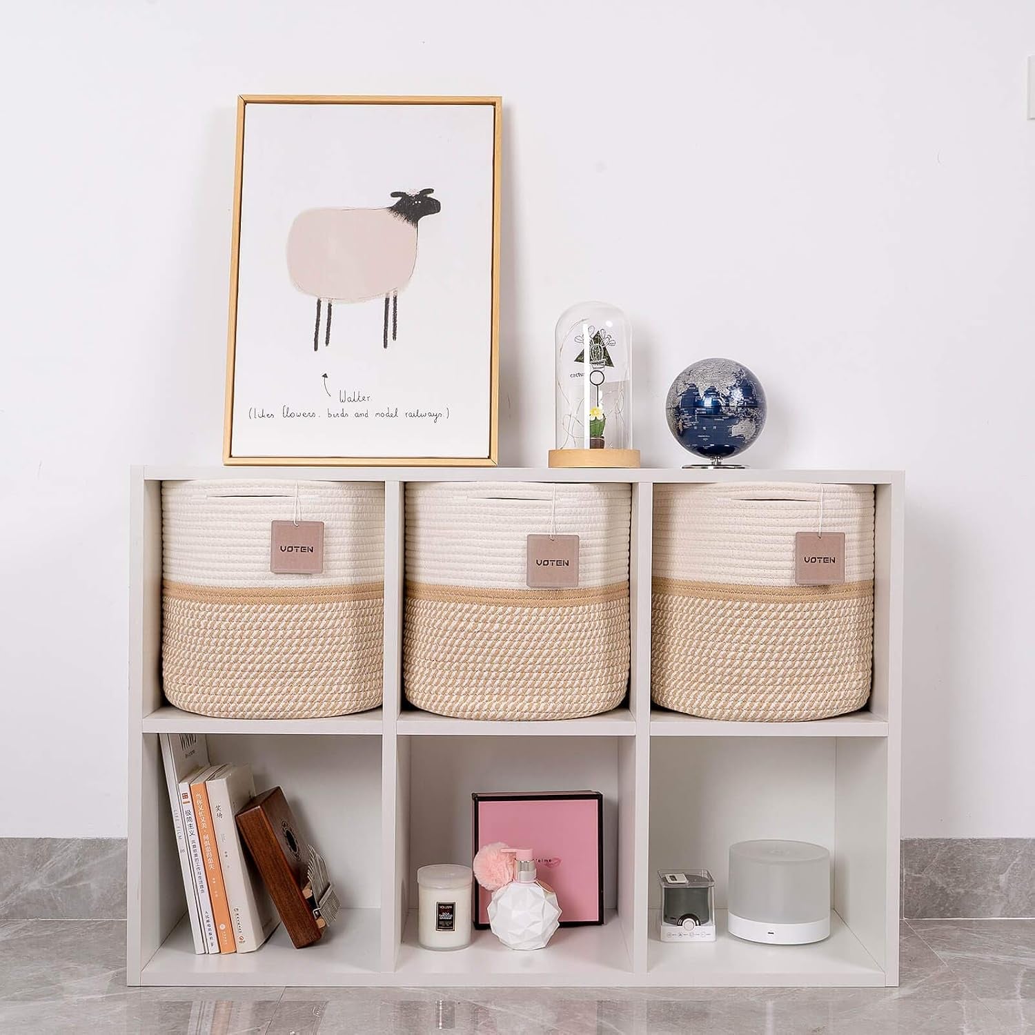Cube Storage Baksets Bins 11X11’’ Fit 12X12’’ Organizer Bookcases Shelving,Stylish&Durable Woven Cotton Basket Containers for Organizing 3-Pack off White/Mixed Camel