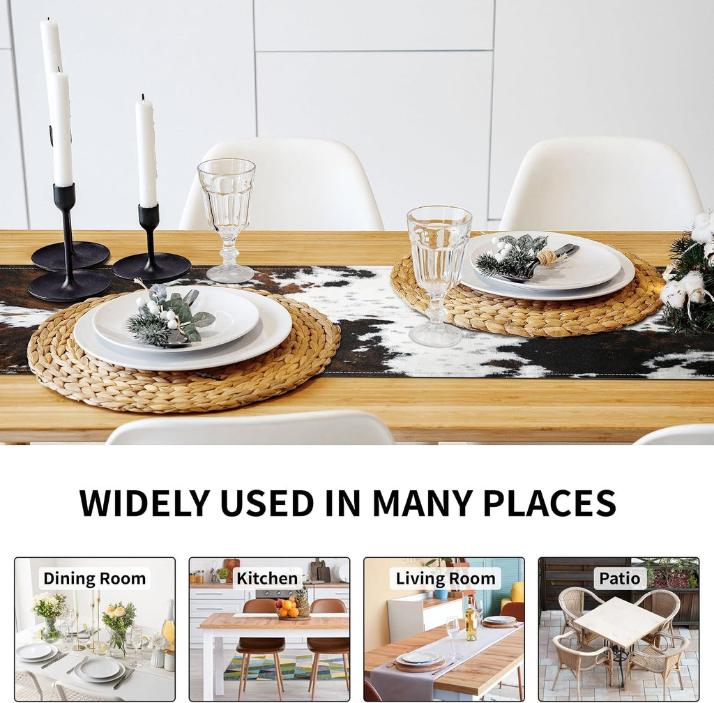 Western Cowhide Table Runner Black Brown Cow Print Table Runners Western Home Decor for Wedding Party Dinner Table Decorations 13 X 71 Inch (13X71 Inch, Black Cowhide Print)