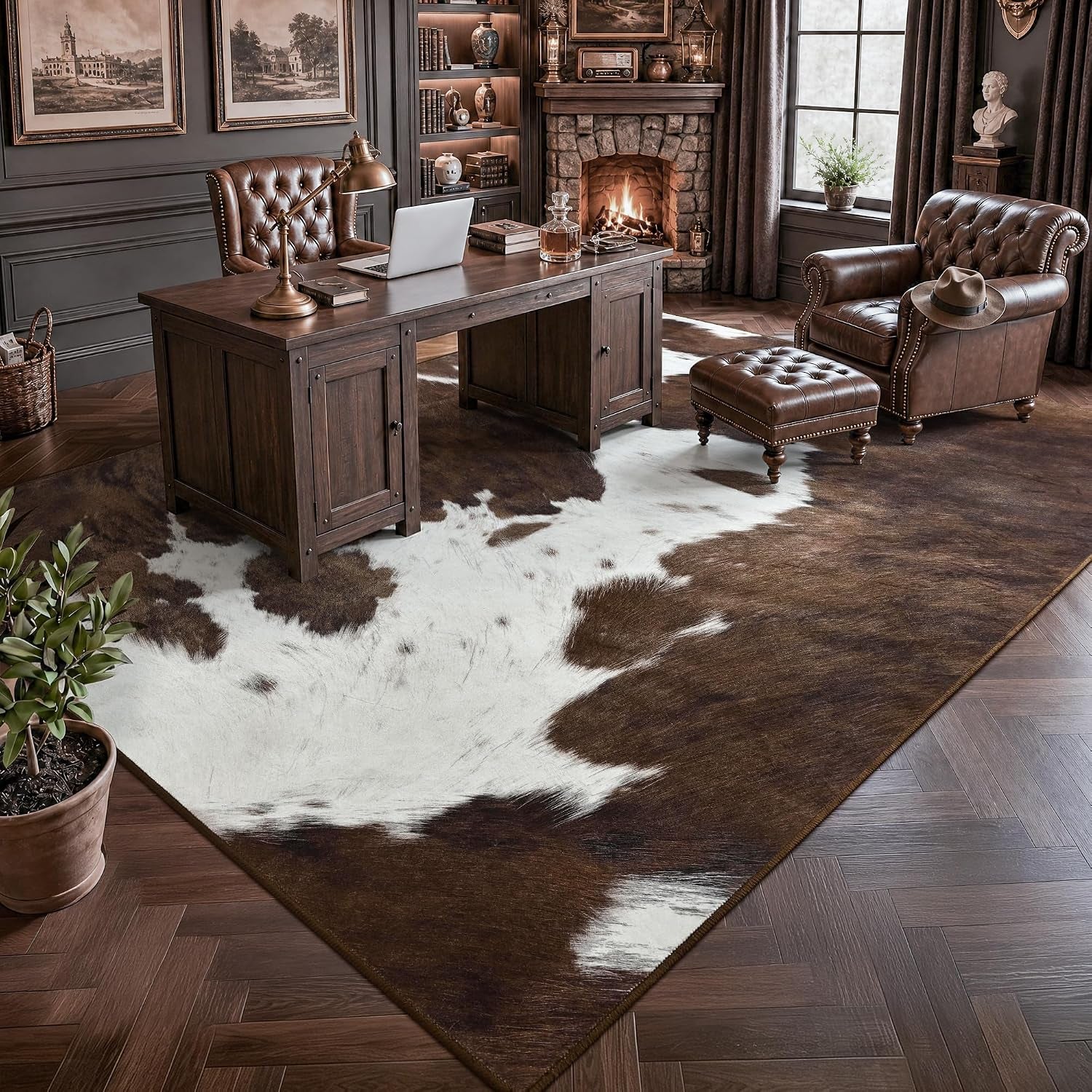 Cow Print Rugs for Living Room Bedroom, 5X7 Washable Non-Slip Low Pile Indoor Floor Rug, Carpet for Dining Room Kitchen Office Western Home Decor, Brown