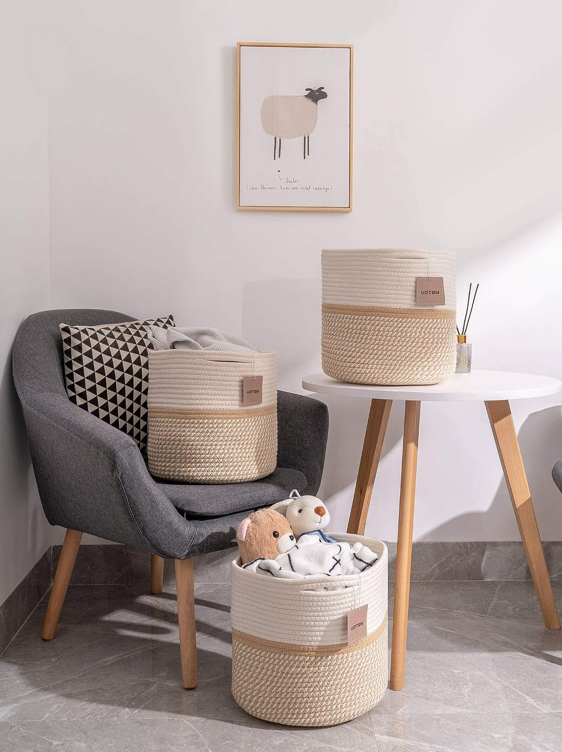 Cube Storage Baksets Bins 11X11’’ Fit 12X12’’ Organizer Bookcases Shelving,Stylish&Durable Woven Cotton Basket Containers for Organizing 3-Pack off White/Mixed Camel