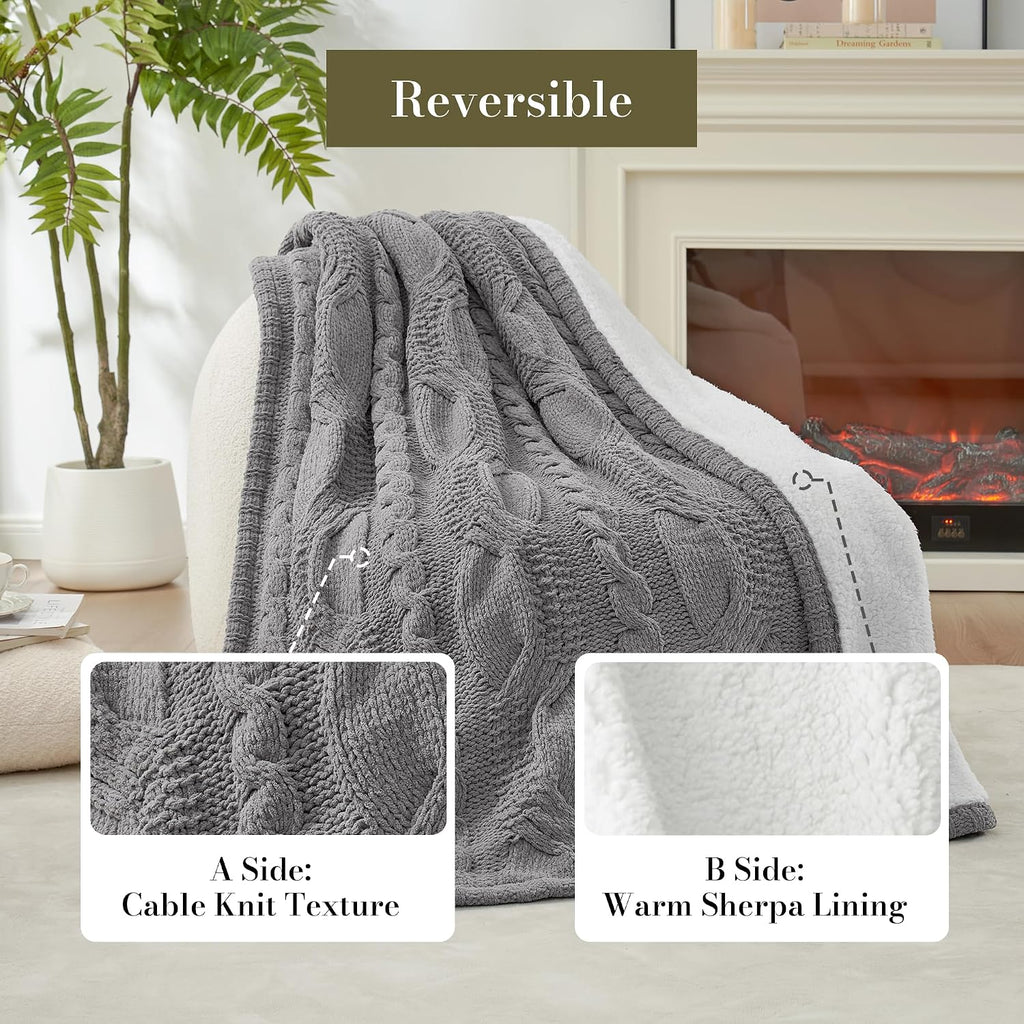 Cable Knit Throw Blanket for Couch, Chenille Sherpa Soft Cozy Throw Blankets for Sofa Chair Comfortable Home, 50"X60", Gray